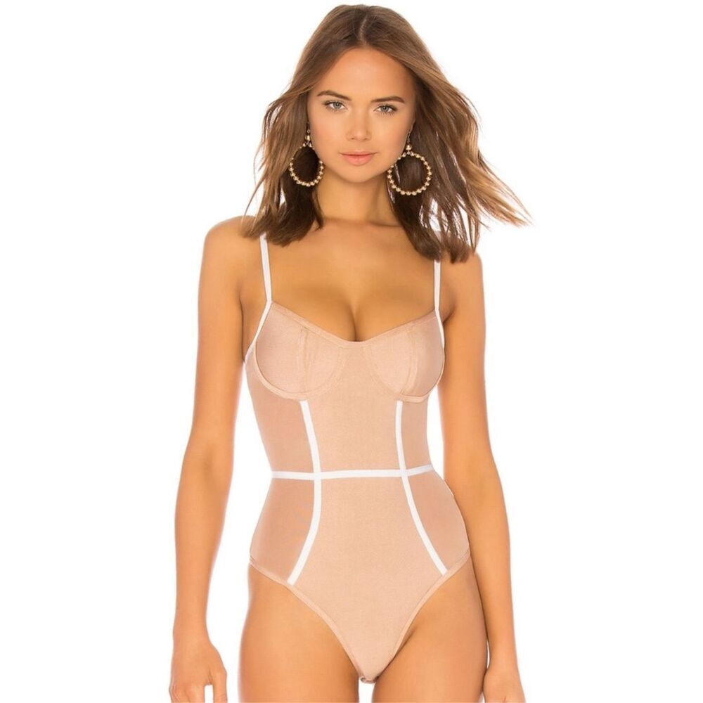 Revolve Superdown Harlow Bandage Mesh Bodysuit Tan Size XS